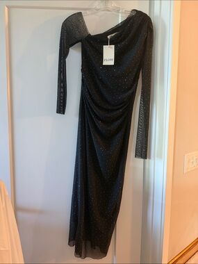 Flow One Shoulder Mesh All Over Shimmer Dots Crystals Long Sleeve Dress Size S